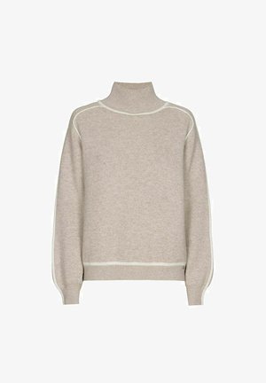 Pull beige à col montant, texture côtelée et coutures blanches accentuées. Il possède de longues manches et une coupe décontractée. Fabriqué en laine douce.