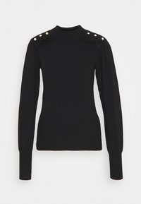 Czarny dzianinowy sweter z długimi rękawami, prążkowanym dołem i mankietami. Posiada perłowe akcenty na ramionach oraz subtelne falbany przy dekolcie.