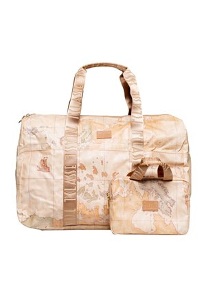 Set di borse da viaggio di colore beige chiaro con stampa di una mappa del mondo. Include una borsa piccola; entrambe hanno manici resistenti e cerniere per una chiusura sicura.