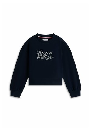 Granatowa bluza z długim rękawem z białym haftem "Tommy Hilfiger" w stylu kursywy na piersi.