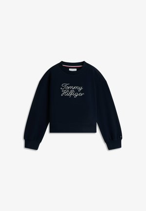 Granatowa bluza z długim rękawem z białym haftem "Tommy Hilfiger" w stylu kursywy na piersi.