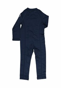 Tummansininen pitkähihaine uimapuku teksturoidulla pinnalla, jossa on litteät saumat, pyöreä kaula-aukko ja logo vasemmassa olkapäässä.