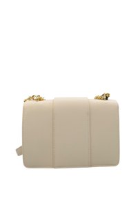 Borsa a mano rettangolare beige con una superficie texturizzata, caratterizzata da tre sezioni orizzontali e una tracolla in catena dorata per il trasporto.