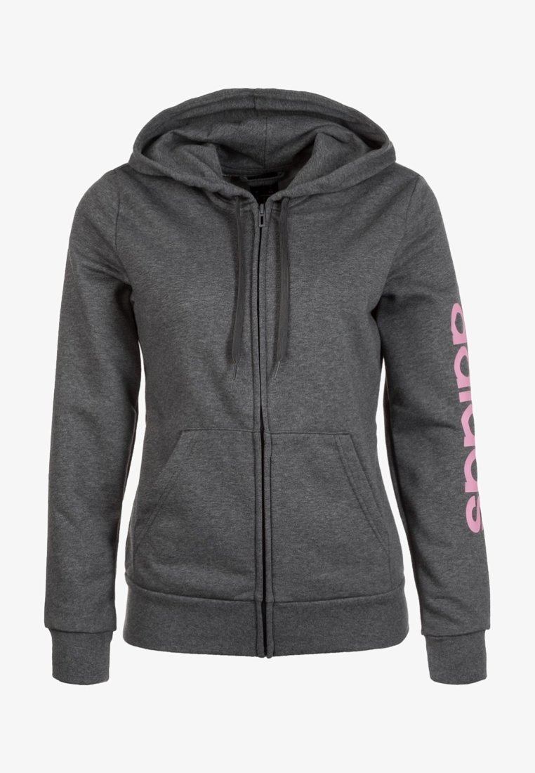 Sweat à capuche gris foncé zippé intégralement avec poches avant, cordons, et texte rose sur la manche droite indiquant "arena".