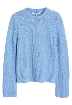 Pull bleu clair tricoté à manches longues avec texture côtelée, col rond et léger détail de motif aux épaules.