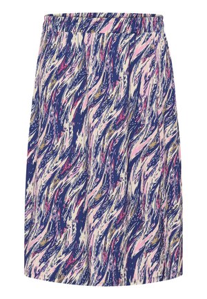 Printed skirt in navy, pink, and cream. Features a wave pattern, elastic waistband, and textured fabric. Knee-length design with pleats.