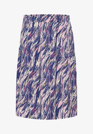 Painettu hame tummansinisessä, vaaleanpunaisessa ja kermassa värissä. Tällä on aalto-design, joustava vyötärö ja teksturoitu kangas. Polven pituinen malli, jossa on laskoksia.