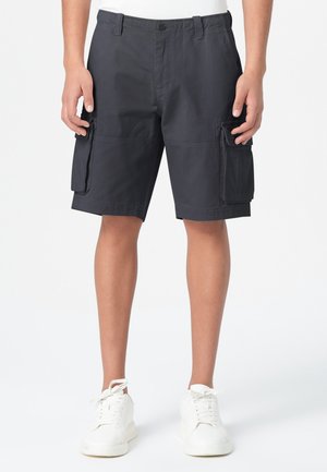 Navy cargo shorts with a relaxed fit, featuring two side pockets and a button closure, made from durable, lightweight fabric.