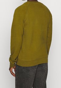 Olivengrøn crewneck sweatshirt med ribbede manchetter og kant, lavet af blødt tekstureret stof, set bagfra mod en hvid baggrund.