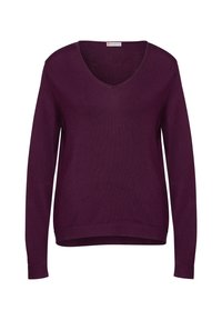 Lila långärmad V-ringad tröja med ribbade ärmslut och nederkant, märkt "Street One" inuti halsen.