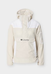 Ανοιχτό μπεζ και λευκό πουλόβερ Columbia Sportswear με κουκούλα, εμπρόσθιο καπάκι τσέπης και τσέπη με φερμουάρ στο μανίκι.
