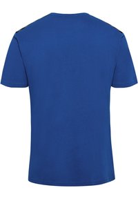 Kortärmad blå t-shirt i bomull; har en rund halsringning och en enkel baksida med sömnadsdetaljer längs axlarna.