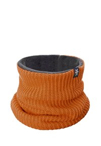 Orange knitted neck warmer with a ribbed texture and a soft gray fleece lining. Features a small branded tag on the side.