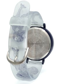 Montre pour enfants avec un bracelet transparent décoré de motifs d'animaux bleus, dos en acier inoxydable et boîtier bleu marine. Résistante à l'eau.
