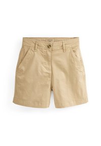 Khakifarbene Shorts aus Baumwolle, mit zwei Seitentaschen und einem vorderen Knopfverschluss. Der Stoff ist glatt mit einem dezenten Glanz.