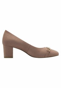 Pump in suede rosa pallido con punta arrotondata, tacco a blocco e una fibbia decorativa in tonalità oro sulla parte anteriore, texture liscia in tutto il corpo.