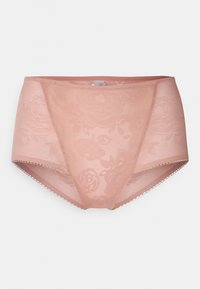 Slip in pizzo in un colore rosa pallido, con un motivo floreale, una texture liscia e bordi in picot lungo le aperture delle gambe e la vita.