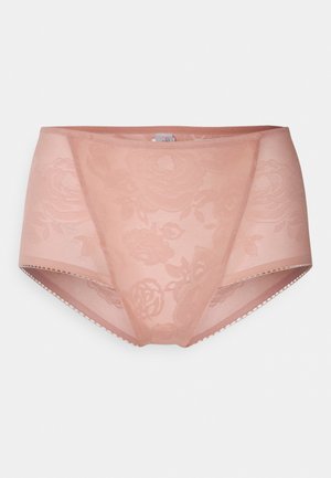 Bañador de encaje en color rosa empolvado, con un patrón floral, textura suave y ribete picot en las aberturas de las piernas y en la cintura.