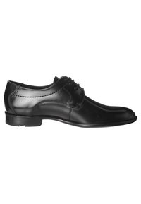 Scarpe eleganti in pelle nera con superficie liscia, design con lacci, punta arrotondata e dettagli in cucitura discreta sulla parte superiore. Suola piatta in gomma.