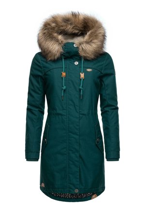 Green parka coat featuring a faux fur hood, drawstring closures, tan accents, and two front pockets with button details.