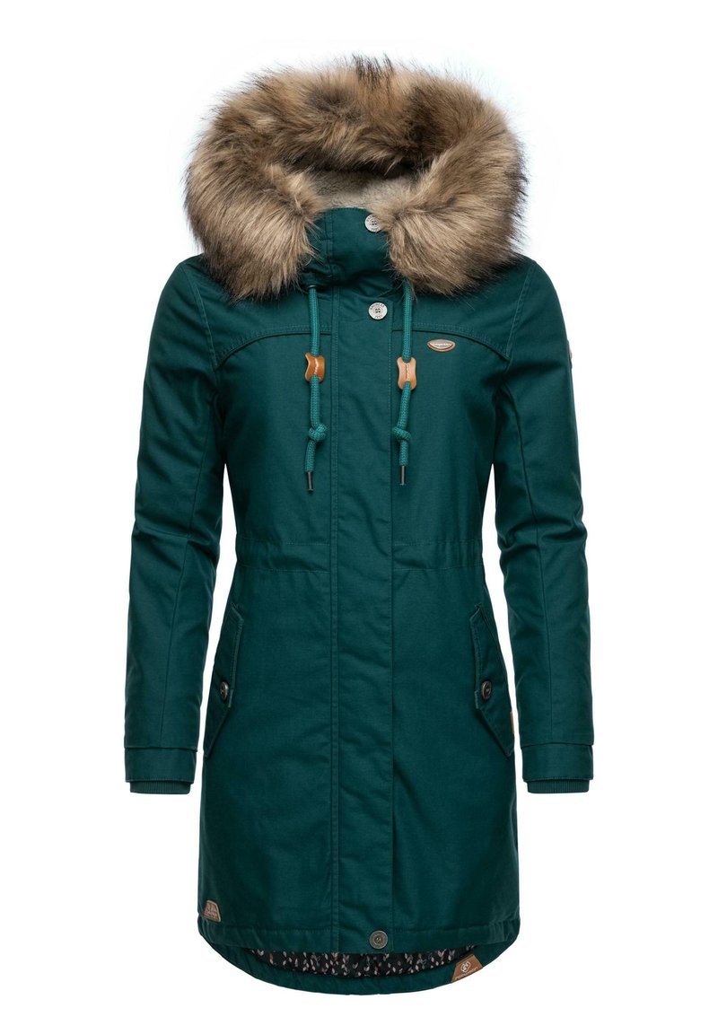 Green parka coat featuring a faux fur hood, drawstring closures, tan accents, and two front pockets with button details.