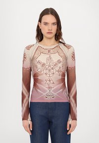 Langarmoberteil aus Mischgewebe, mit einem Farbverlauf von Beige zu Braun, verziert mit komplizierten grafischen Mustern in Dunkelbraun und Rost.