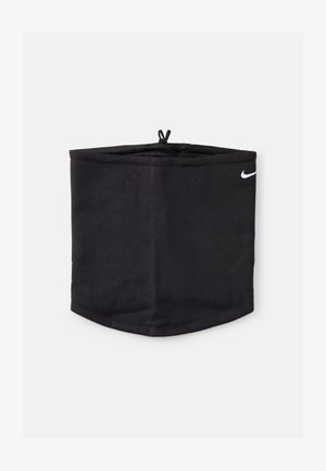 Czarny komin na szyję wykonany z miękkiego materiału, z regulacją za pomocą sznurka i białym logotypem Nike z boku. Kształt trójkątny.