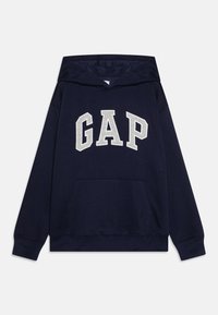 Marineblauwe hoodie van een katoenmix, met een groot wit 'GAP' logo, een kangoeroezak en ribgebreide manchetten en zoom.