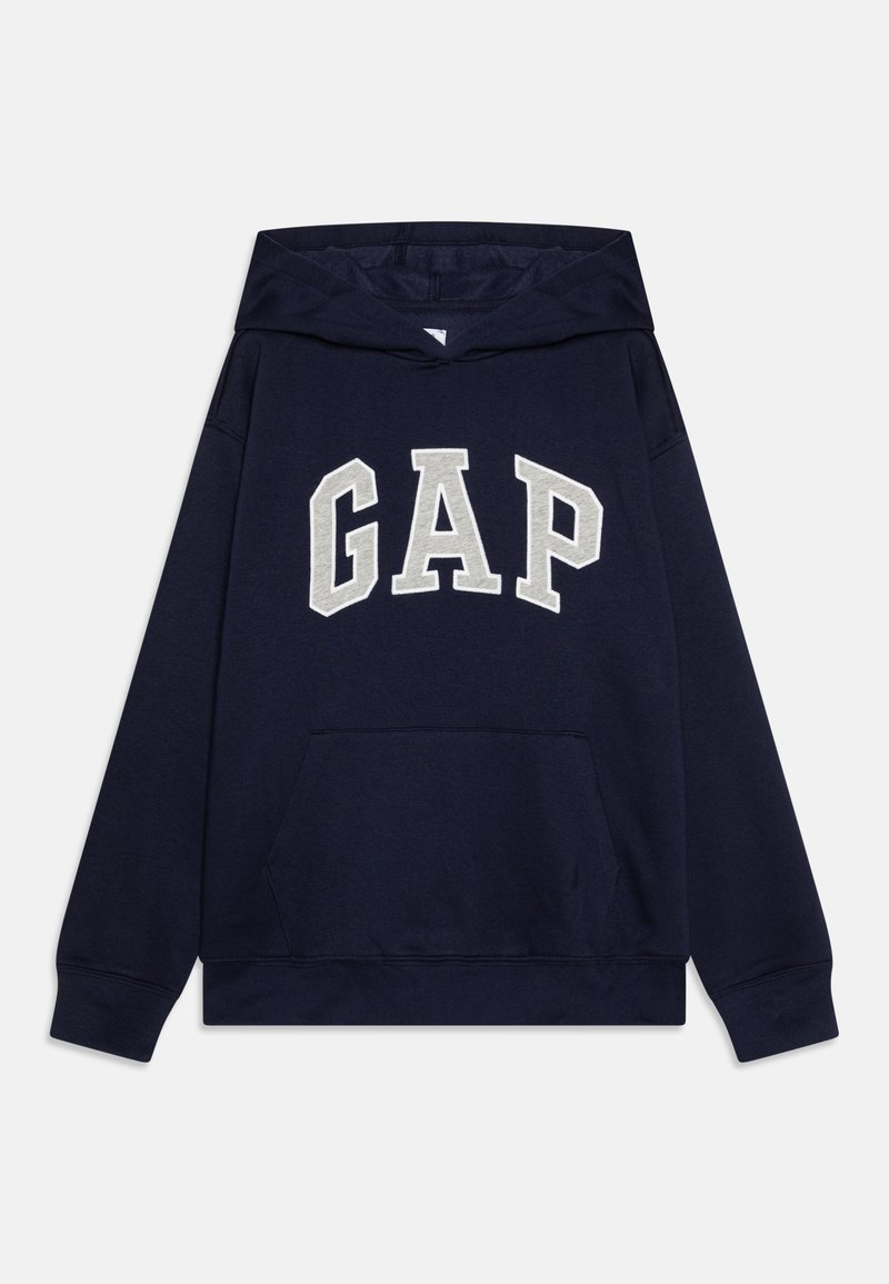 Marineblauwe hoodie van een katoenmix, met een groot wit 'GAP' logo, een kangoeroezak en ribgebreide manchetten en zoom.