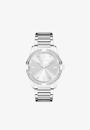 Zilveren roestvrijstalen horloge met een vlak ronde wijzerplaat, kristalaccenten rond de bezel en een gepolijst metalen armband. Beschikt over minimalistische urenmarkeringen.