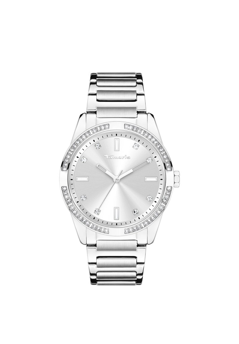 Silberne Edelstahl-Uhr mit flachem, rundem Zifferblatt, Kristallakzenten um die Lünette und einem polierten Metallarmband. Verfügt über minimalistische Stundenmarkierungen.