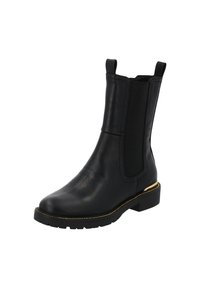 Botas de tobillo de cuero negro con paneles laterales elásticos, puntera redonda, suela texturizada y un acento dorado alrededor del tacón. Diseño de tacón bajo en bloque.
