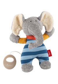 Giocattolo elefante di peluche grigio con grandi orecchie beige, corpo a righe colorate in blu e grigio, texture morbida e funzione sonora a cordicella.