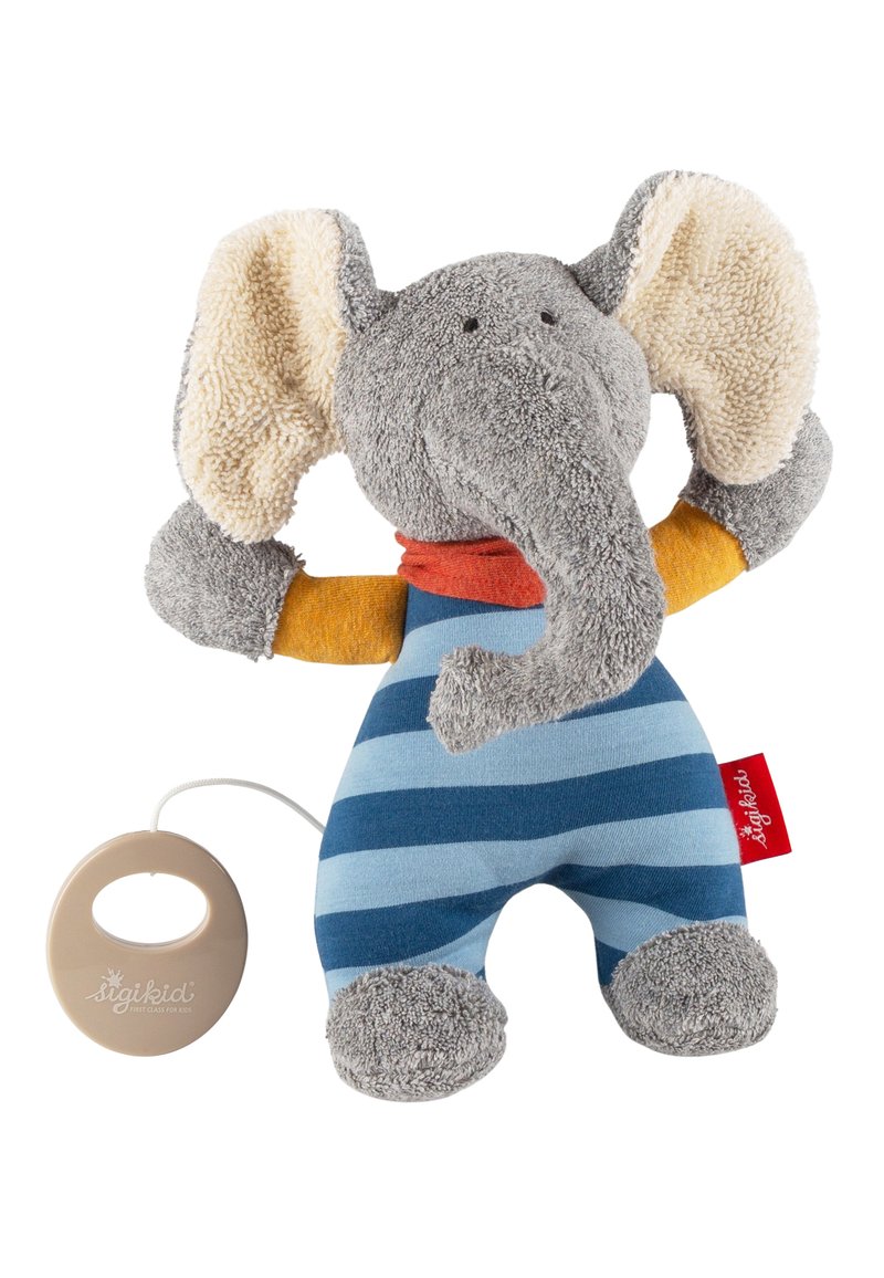 Giocattolo elefante di peluche grigio con grandi orecchie beige, corpo a righe colorate in blu e grigio, texture morbida e funzione sonora a cordicella.