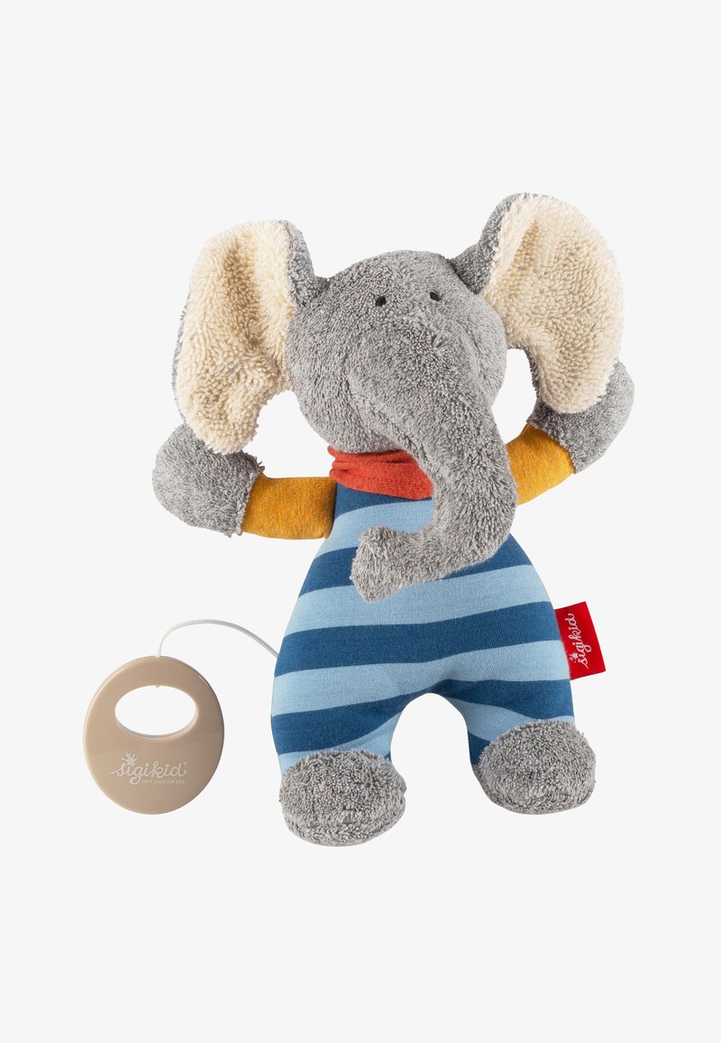 Giocattolo elefante di peluche grigio con grandi orecchie beige, corpo a righe colorate in blu e grigio, texture morbida e funzione sonora a cordicella.