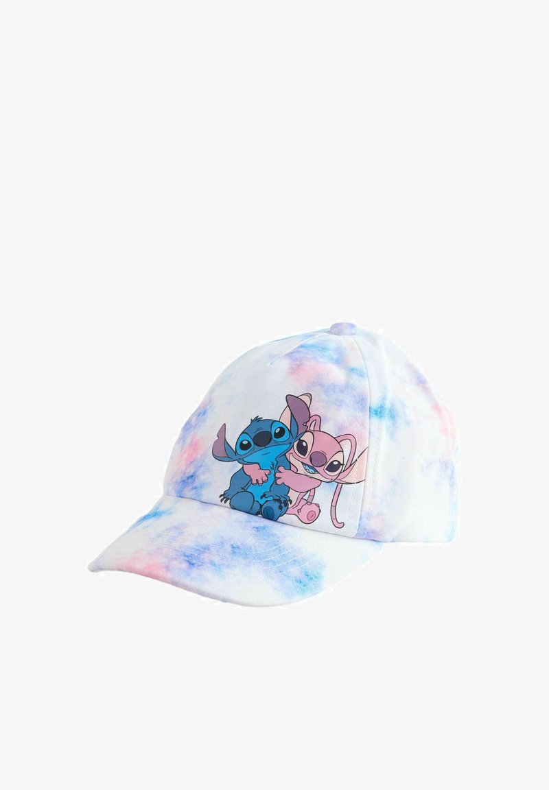 Casquette de baseball tie-dye aux nuances bleues et roses avec les personnages de dessin animé Stitch et Angel s'enlaçant sur le panneau avant.