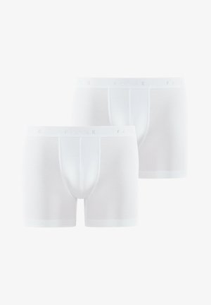 White cotton boxer briefs featuring a soft waistband with "FALKE" logo and a fitted design, available in a pack of two.