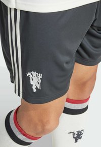 Pantaloni sportivi neri con tre strisce verticali bianche; presenta un'emblema ricamato di una creatura sulla gamba inferiore. Calzini a righe rosse e nere.