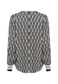 Schwarz-weiße Bluse mit langen Ärmeln, geometrischem Quadratmuster und gerippten Bündchen in Weiß, Schwarz und Beige.