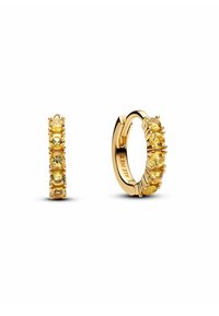 Goldene Creolen mit einer Reihe von sechs ovalen gelben Edelsteinen, die in einer Krappenfassung eingesetzt sind, mit einer polierten Oberfläche und einem sicheren Verschluss.