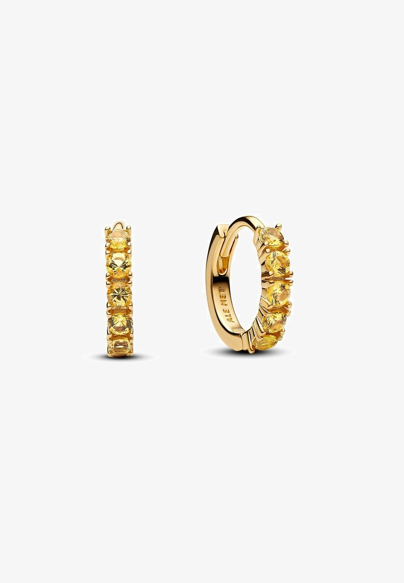 Gold hoop earrings featuring a row of six oval yellow gemstones set in a prong setting, with a polished finish and a secure clasp.