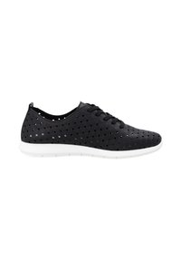 Black perforated sneaker with hexagonal cutouts, lace-up design, white sole, and lightweight material for breathability.