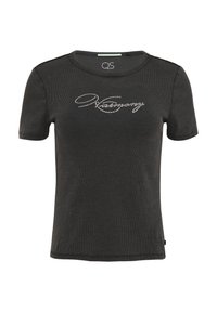 Dunkelgraues, geripptes T-Shirt mit kurzen Ärmeln und rundem Halsausschnitt. Mit kristallähnlichen Verzierungen, die "history" auf der Vorderseite buchstabieren.