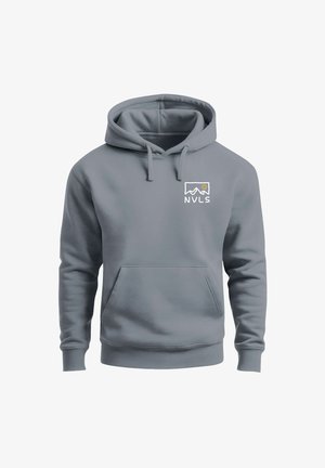 Gray hoodie made of soft fabric, featuring a front pouch pocket and drawstring hood. It has an embroidered logo in white and orange.