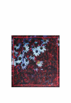Kwadratowa tkanina z białymi stokrotkami i czerwonymi kwiatami na ciemnoczerwonym i czarnym tle, obramowana cienką czerwoną ramką.