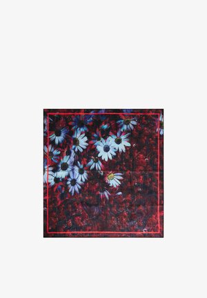 Quadratischer Stoff mit weißen Gänseblümchen und roten Blumen vor einem dunkelroten und schwarzen Hintergrund, eingerahmt von einem dünnen roten Rand.