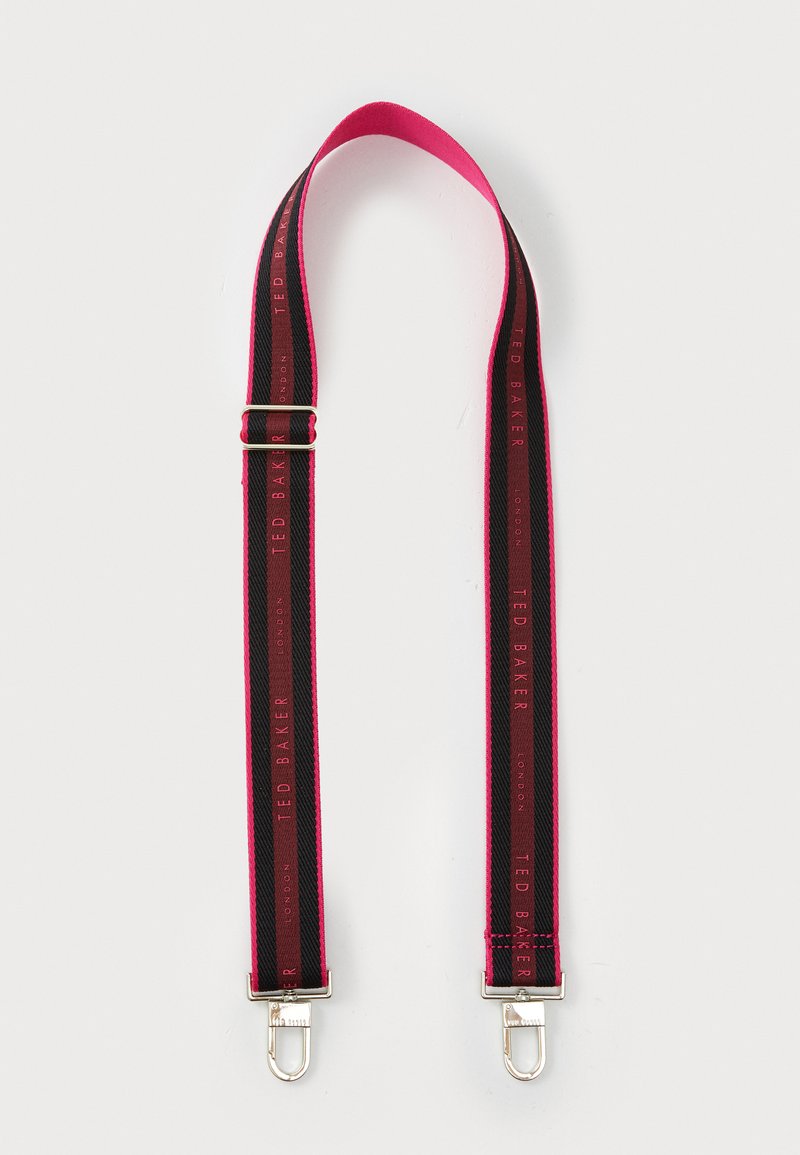 Black and pink adjustable suspenders with Ted Baker logo in repeating pattern and silver hardware clips for attachment.