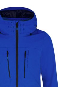 Chaqueta impermeable azul con un alto cuello, capucha ajustable, cremallera frontal y dos bolsillos con cremallera. Presenta detalles de ventilación perforados y marca.