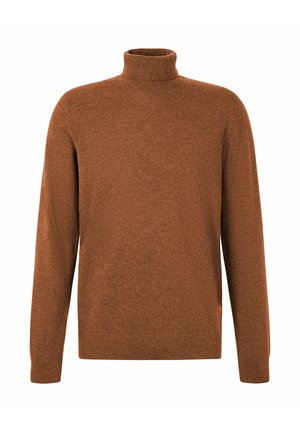 Brauner Rollkragenpullover mit langen Ärmeln, geripptem Kragen, Bündchen und Saum, aus weichem Strickstoff gefertigt.