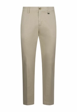 Pantaloni bej pentru bărbați, cu croială slim, cu bucle pentru centură, nasture în față și închidere cu fermoar, buzunare frontale și picioare cu pliuri.